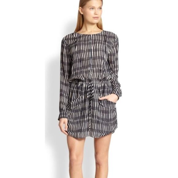 ALC Simona Silk Mini Dress Long Sleeve Front Tie Stripes Black White Small - Picture 1 of 10